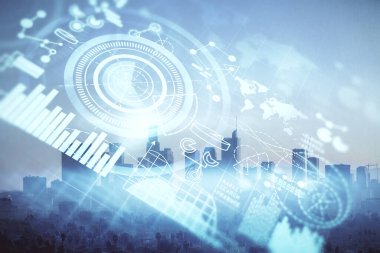 İş temalı hologram çizimine ve şehrin arka planına çifte maruz kalma. Başarı kavramı.