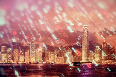 Veri temalı hologram gökdelenlerin arka planında çift pozlama ile şehir görünümüne çizim yapıyor. Ai kavramı.