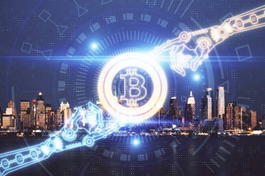 Kripto para birimi temalı hologram çizimine ve şehrin arka planına çoklu maruz kalma. Engelleme zinciri ve bitcoin kavramı.