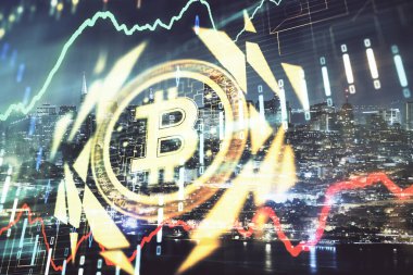 Kripto para birimi temalı hologram çizimine ve şehrin arka planına çoklu maruz kalma. Engelleme zinciri ve bitcoin kavramı.
