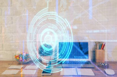 Kişisel bilgisayar ve teknik tema çizimi ile masaüstü çok açıkta. Büyük Veri Kavramı.