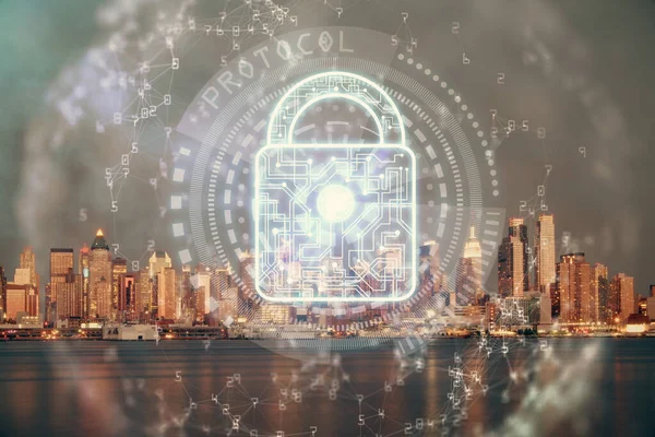 Lock Symbol Hologramm auf Stadtansicht mit Wolkenkratzern Hintergrund Mehrfachbelichtung. Datensicherheitskonzept. — Stockfoto