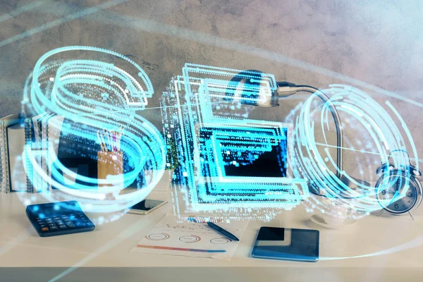 Double exposure of table with computer and seo drawing hologram. Search optimization concept. — Stock Photo, Image