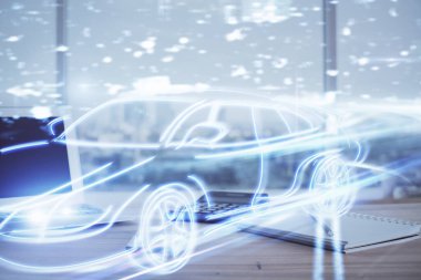Otomobil hologramı çizimi olan masaüstü bilgisayar arkaplanı. Çoklu maruz kalma. Teknoloji kavramı.
