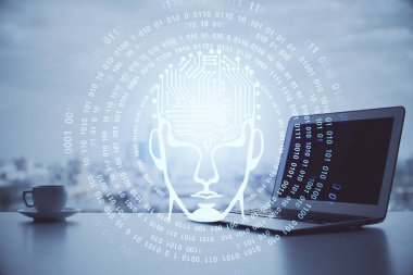 Bilgisayar ve insan beyin hologramıyla çalışma alanının çoklu açığı. Beyin fırtınası konsepti.