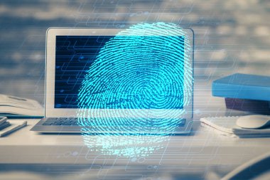 Ofisteki bilgisayarın parmak izi çizimi. Çifte maruziyet. İş veri güvenliği kavramı.
