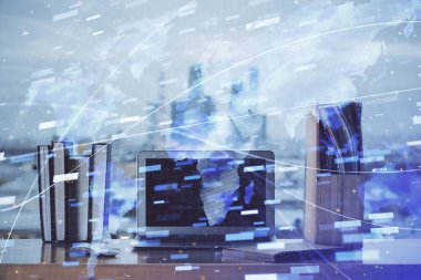 Teknoloji temalı çizim ve bilgisayarla çalışma alanı. Çoklu maruz kalma. Yenilik kavramı.