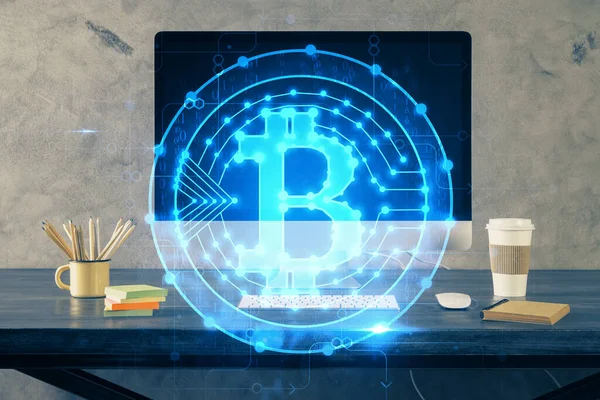 Multi exposure of blockchain theme hologram and table with computer background. Concept of bitcoin crypto currency. — Stock Photo, Image