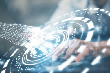 Veri temalı hologramın arka planda bilgisayar üzerinde çalışan bir adamla çoklu pozlandırılması. Yenilik kavramı.