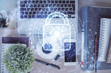 Masaüstü üzerinde çift katlı kilit çizimi. Üst Manzara. Güvenlik kavramı.