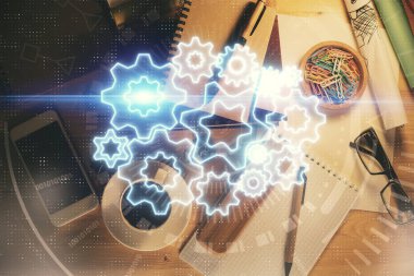 İş teması çizimi ve çalışma masasının üst veiw 'i. Uluslararası finans kavramı.