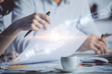 Veri temalı çizimin arka plan yazan insanların üzerine çifte pozlanması. Teknoloji kavramı