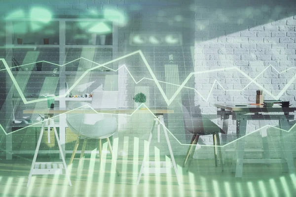Double exposure of financial graph drawing and office interior background. Concept of stock market. — Stock Photo, Image