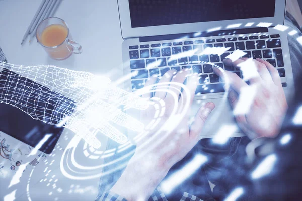 Multi exposición de manos mans escribiendo sobre el teclado de la computadora y el tema de datos holograma dibujo. Vista superior. Concepto tecnológico. —  Fotos de Stock