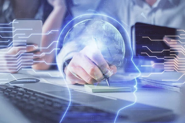 Doble exposición de hombres y mujeres trabajando juntos y dibujando un holograma cerebral. Concepto de lluvia de ideas intelectual. Fondo informático. —  Fotos de Stock