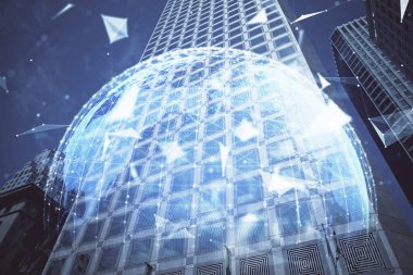 İş temalı hologram çizimine ve şehrin arka planına çifte maruz kalma. Başarı kavramı.