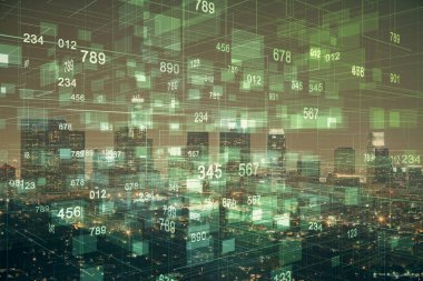 Veri temalı hologram gökdelenlerin arka planında çift pozlama ile şehir görünümüne çizim yapıyor. Ai kavramı.