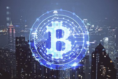 Kripto para birimi temalı hologram çizimine ve şehrin arka planına çoklu maruz kalma. Engelleme zinciri ve bitcoin kavramı.