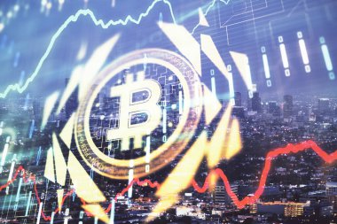 Kripto para birimi temalı hologram çizimine ve şehrin arka planına çoklu maruz kalma. Engelleme zinciri ve bitcoin kavramı.