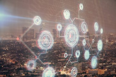 Veri temalı hologram gökdelenlerin arka planında çift pozlama ile şehir görünümüne çizim yapıyor. Ai kavramı.