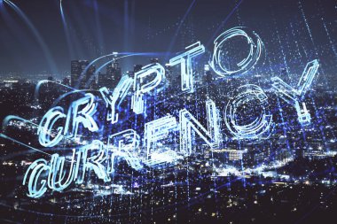 Kripto para birimi temalı hologram çizimine ve şehrin arka planına çoklu maruz kalma. Engelleme zinciri ve bitcoin kavramı.