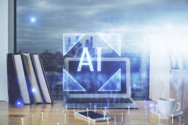 Bilgisayar ve teknoloji temalı çizimlere çifte maruz kalma. Yenilik kavramı.