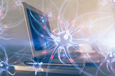 Masaüstü bilgisayar arkaplanı ve nöron çizimi. Çifte maruziyet. Eğitim kavramı.