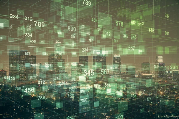 Veri temalı hologram gökdelenlerin arka planında çift pozlama ile şehir görünümüne çizim yapıyor. Ai kavramı.