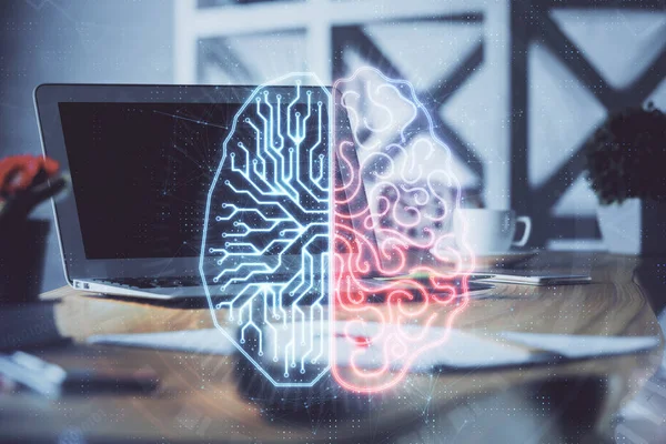 Doble exposición de la mesa de trabajo con el holograma de la computadora y del cerebro. Concepto de lluvia de ideas . —  Fotos de Stock