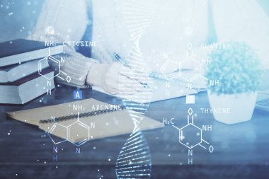 Kadınların el yazısı üzerine DNA temalı hologram. Eğitim kavramı. Çift pozlama