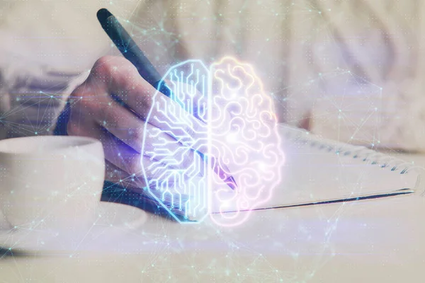 Mehrfachbelichtung der Schreibhand auf dem Hintergrund mit Gehirn-Hologramm. Lernkonzept. — Stockfoto