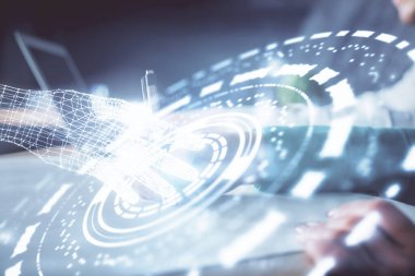 Veri temalı çizimin arka plan yazan insanların üzerine çifte pozlanması. Teknoloji kavramı