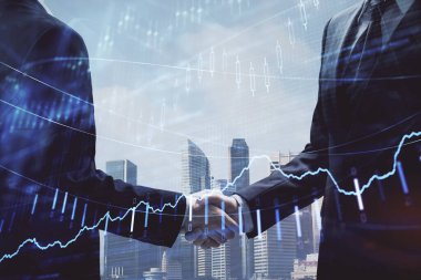 Forx grafik hologramı ve iki adamın el sıkışması. Borsa konsepti.