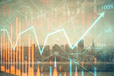 Gökdelenler arka planda çoklu pozlama ile şehir görünümünde eski grafik. Mali analiz kavramı.
