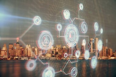 Veri temalı hologram gökdelenlerin arka planında çift pozlama ile şehir görünümüne çizim yapıyor. Ai kavramı.