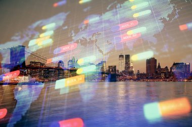 Veri temalı hologram gökdelenler arka planda çoklu pozlama ile şehir görünümüne çizim yapıyor. Ai kavramı.