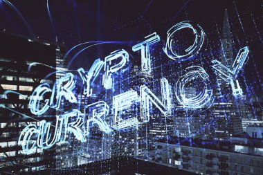 Kripto para birimi temalı hologram çizimine ve şehrin arka planına çoklu maruz kalma. Engelleme zinciri ve bitcoin kavramı.