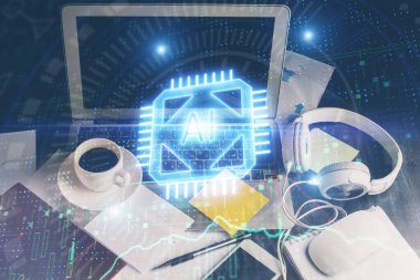 Arka planda bilgisayar ve teknik tema çizimi olan iki kat masaüstü görüntüsü. Büyük veri kavramı.