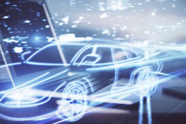 Otomobil hologramı çizimi olan masaüstü bilgisayar arkaplanı. Çoklu maruz kalma. Teknoloji kavramı.
