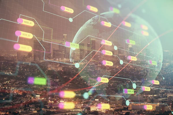 Mapa e holograma tema de dados na vista da cidade com arranha-céus de fundo dupla exposição. Tecnologia internacional no conceito de negócio. — Fotografia de Stock