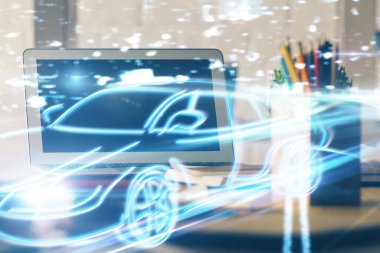 Otomobil hologramı çizimi olan masaüstü bilgisayar arkaplanı. Çoklu maruz kalma. Teknoloji kavramı.