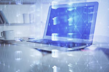 Bilgisayar ve teknoloji temalı çizimlere çifte maruz kalma. Yenilik kavramı.