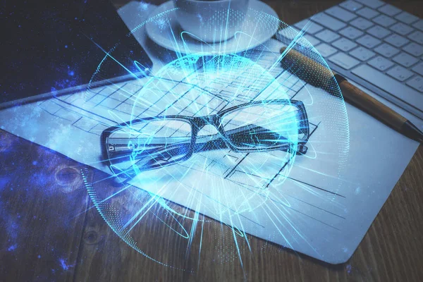 Hologramm zum Thema Business mit Brille auf dem Tischhintergrund. Suchbegriff. Doppelbelastung. — Stockfoto