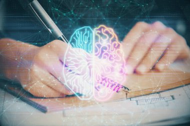 Arka planda beyin hologramıyla el yazısına çok maruz kalmış. Öğrenme kavramı.