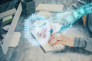 Bilgisayar arkaplanı üzerinde çalışan elleri olan iki kez teknolojik çizimlere maruz kalmış. Yenilik kavramı.