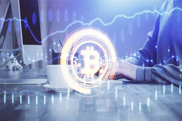 Blockchain theme hud with businessman working on computer on background. Concept of crypto chain. Multi exposure. — Stock Photo, Image