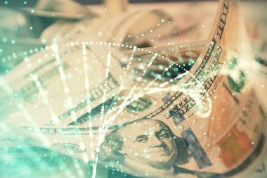 ABD dolarının arka planında DNA 'ya çifte maruz kalma. Tıp eğitimi kavramı.