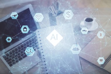 Bilgisayar ve veri temalı hologram çizimleri üzerinde çalışan kadın ellerine çok fazla maruz kalma. Teknoloji kavramı.