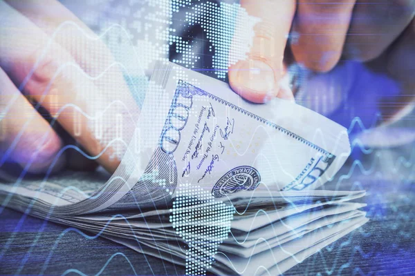 Multi blootstelling van forex grafiek tekenen hologram en Amerikaanse dollars biljetten en man handen. Technisch analyseconcept. — Stockfoto