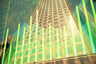 Yüksek binaların arka planında çoklu pozlama olan eski şehir haritası. Finansal araştırma kavramı.